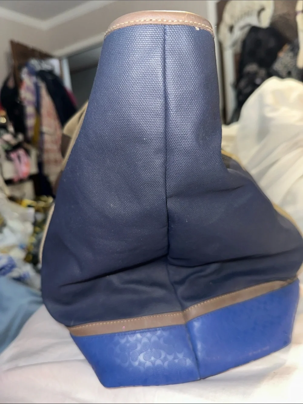 Coach heritage weekender canvas blue bag with tan straps blue signature bottom